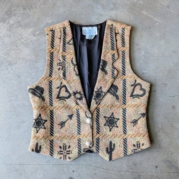 Vintage Deborah Murray Tan Black Southwestern Print Vest large - Picture 1 of 8